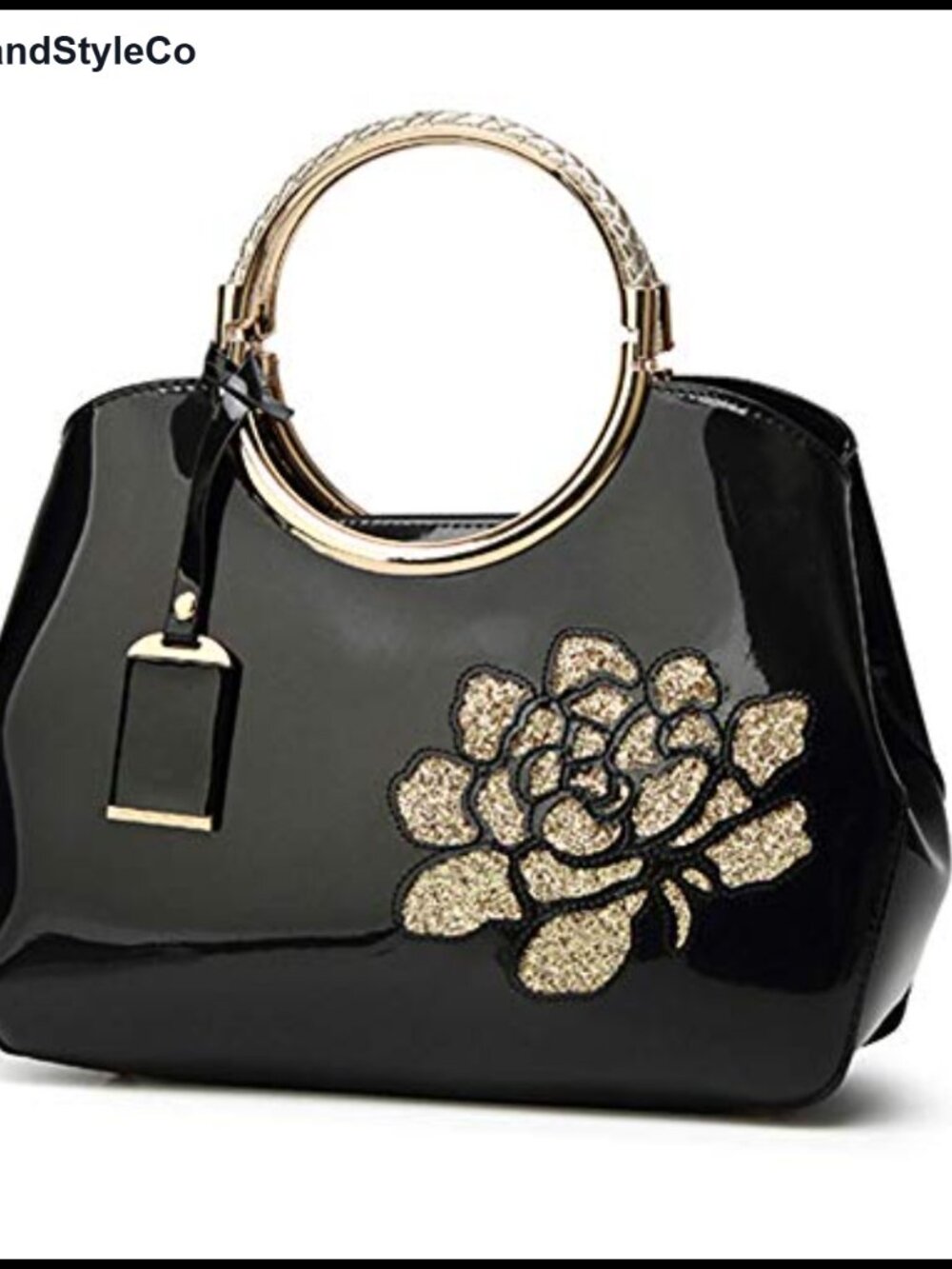 Patent Leather Tote Bag Flower Embroidery Satchel Top Handle Purse Women